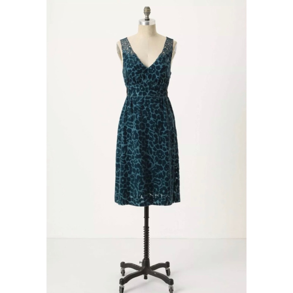 ANTHROPOLOGIE MATILIJA BURNOUT DRESS MOULINETTE SOEURS 6 TEAL BLUE VELVET FLORAL